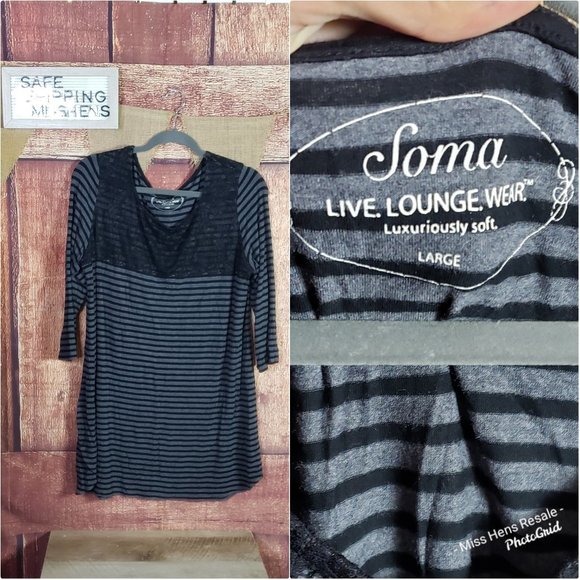 Soma Other - { 7 FOR $45 } EUC LADIES SOMA BLACK GREY STRIPED STRETCHY LOUNGE BLOUSE